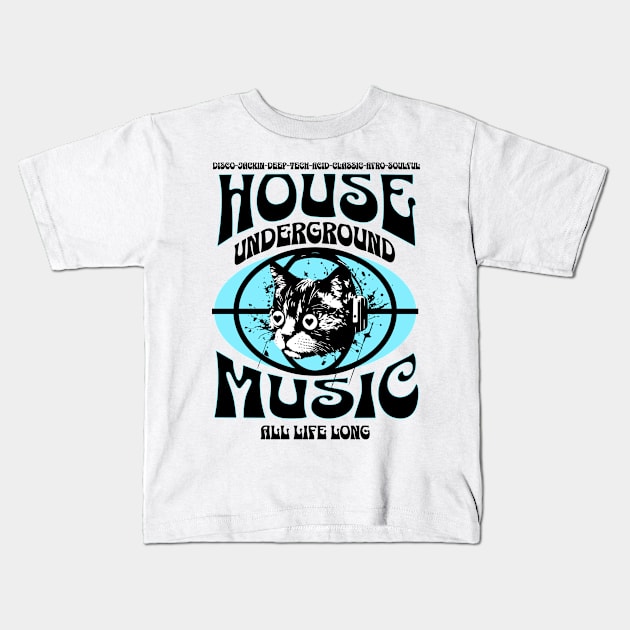 HOUSE MUSIC  - Underground Cat (Black/Blue) Kids T-Shirt by DISCOTHREADZ 